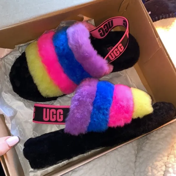 🪼[ UGG ] Fluff Yeah Slide Black/ Taffy Pink Multi
