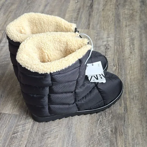 🐢  Zara Black Quilted Shearling Lined Snow Boots Size 41 eye 10 us.
