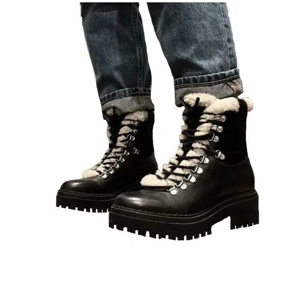 $259 Marc Fisher Women Nalina Leather Sherpa Boots Black Size 6 New