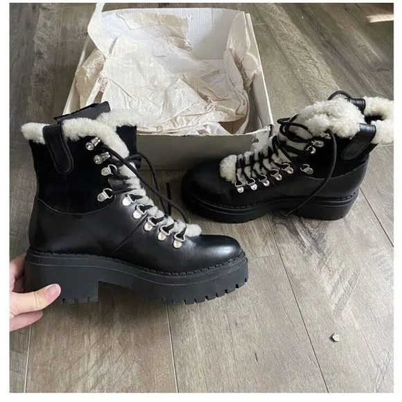 $259 Marc Fisher Women Nalina Leather Sherpa Boots Black Size 6 New