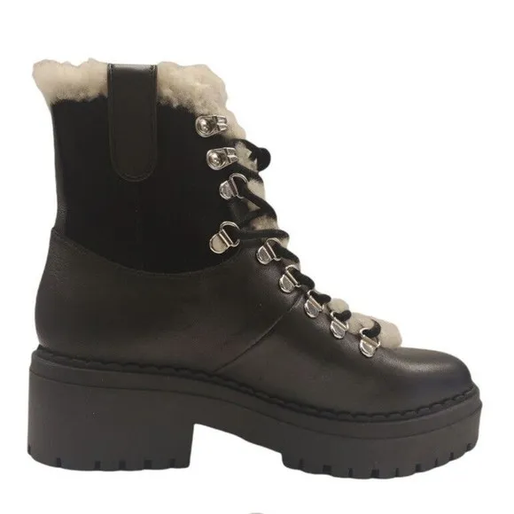 $259 Marc Fisher Women Nalina Leather Sherpa Boots Black Size 6 New