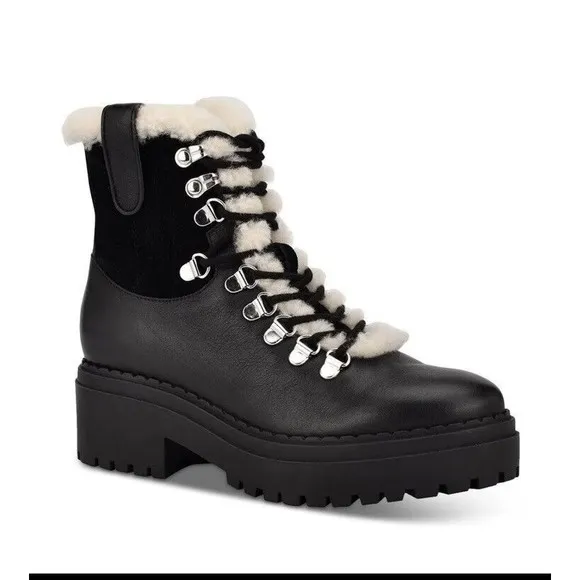 $259 Marc Fisher Women Nalina Leather Sherpa Boots Black Size 6 New