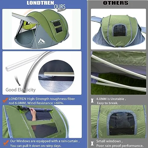 4 Person Easy Pop Up Tent,Waterproof Automatic Setup w/ 2 Doors,Instant Family Tents for Camping