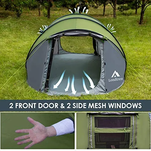 4 Person Easy Pop Up Tent,Waterproof Automatic Setup w/ 2 Doors,Instant Family Tents for Camping