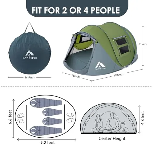 4 Person Easy Pop Up Tent,Waterproof Automatic Setup w/ 2 Doors,Instant Family Tents for Camping
