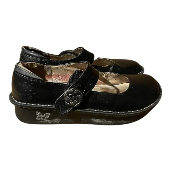 Alegria Womens Paloma Black Embossed Rose Mary Jane Comfort Shoe 39 EU 8.5 US