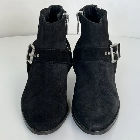 ALL SAINTS Black Suede Harness Buckle Booties Ankle Boots