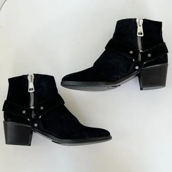 ALL SAINTS Black Suede Harness Buckle Booties Ankle Boots