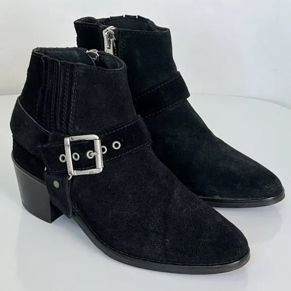 ALL SAINTS Black Suede Harness Buckle Booties Ankle Boots