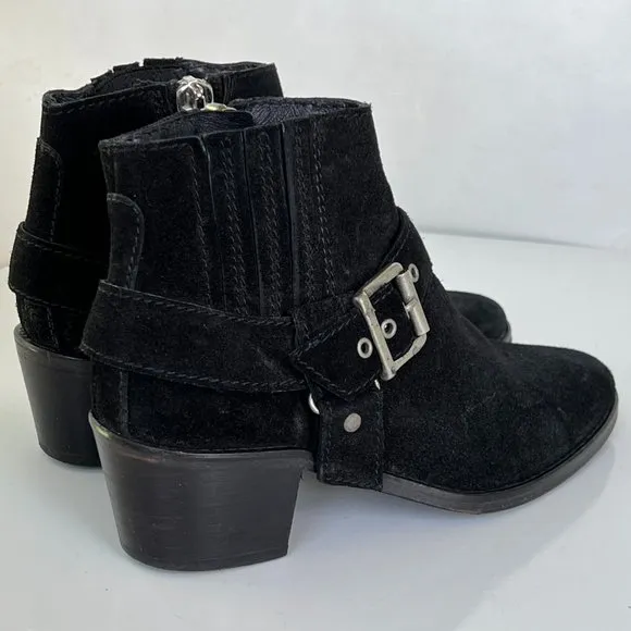 ALL SAINTS Black Suede Harness Buckle Booties Ankle Boots