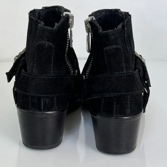ALL SAINTS Black Suede Harness Buckle Booties Ankle Boots