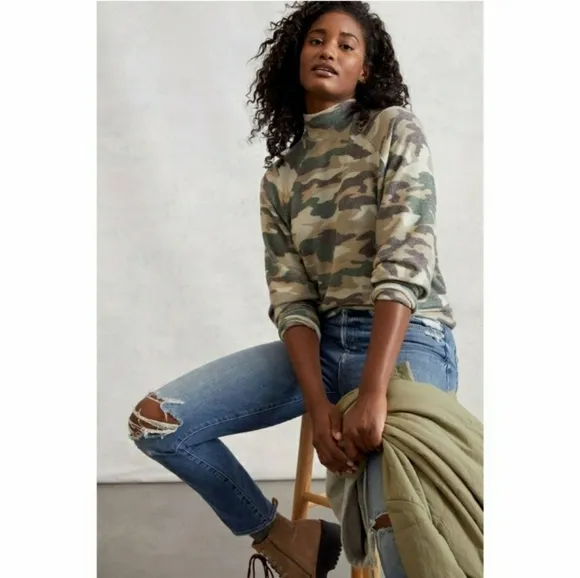 Anthropologie Maeve Laney Camo Mock Neck Sweater Brushed Knit Womens