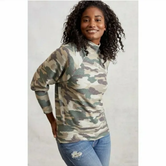 Anthropologie Maeve Laney Camo Mock Neck Sweater Brushed Knit Womens