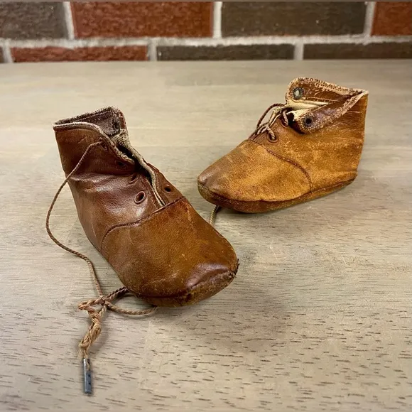 Antique Pair of Victorian All Leather Tie Baby‎ Shoes from the 1800's Handmade