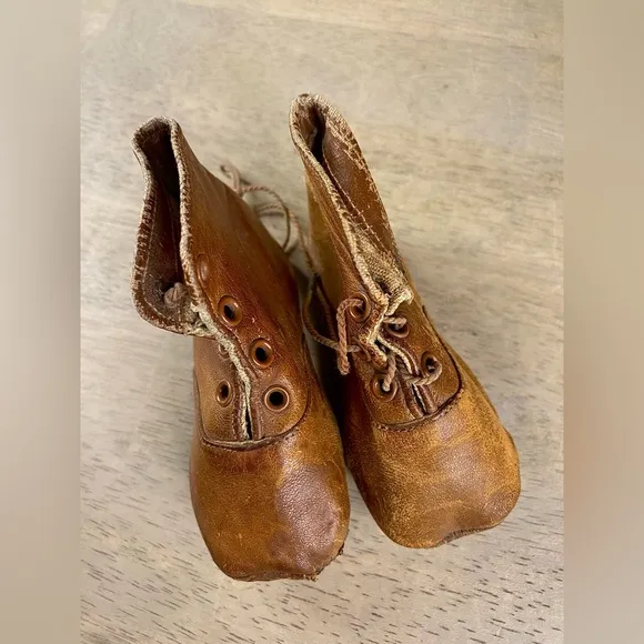 Antique Pair of Victorian All Leather Tie Baby‎ Shoes from the 1800's Handmade