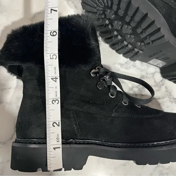Aquatalia Marly Weatherproof Black Suede Bootie Ankle Boots Faux Fur Size 6.5