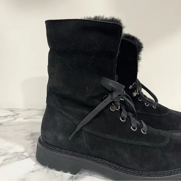 Aquatalia Marly Weatherproof Black Suede Bootie Ankle Boots Faux Fur Size 6.5