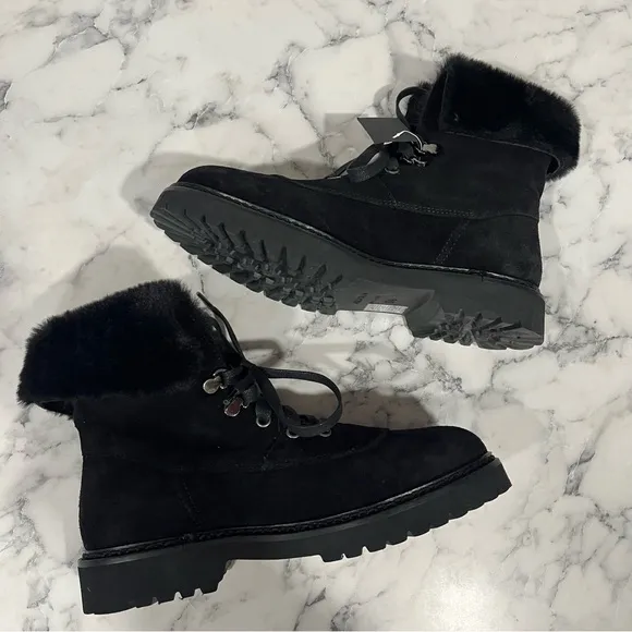 Aquatalia Marly Weatherproof Black Suede Bootie Ankle Boots Faux Fur Size 6.5