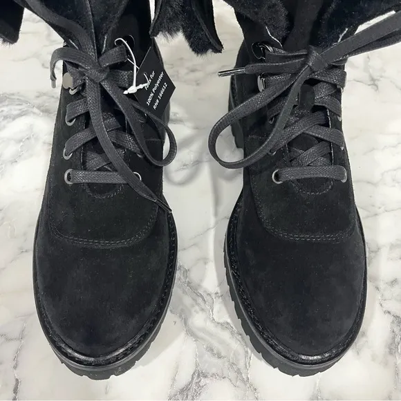 Aquatalia Marly Weatherproof Black Suede Bootie Ankle Boots Faux Fur Size 6.5