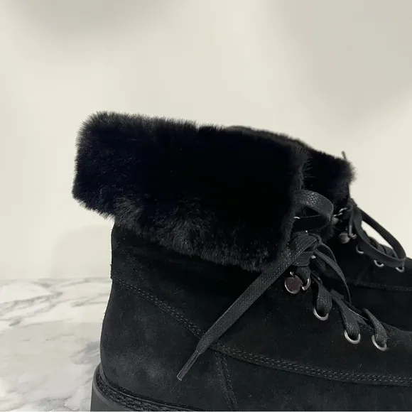 Aquatalia Marly Weatherproof Black Suede Bootie Ankle Boots Faux Fur Size 6.5