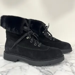 Aquatalia Marly Weatherproof Black Suede Bootie Ankle Boots Faux Fur Size 6.5