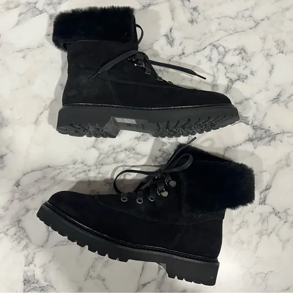 Aquatalia Marly Weatherproof Black Suede Bootie Ankle Boots Faux Fur Size 6.5