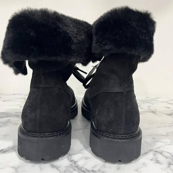 Aquatalia Marly Weatherproof Black Suede Bootie Ankle Boots Faux Fur Size 6.5