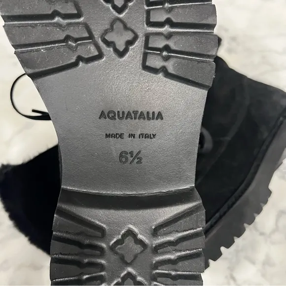 Aquatalia Marly Weatherproof Black Suede Bootie Ankle Boots Faux Fur Size 6.5