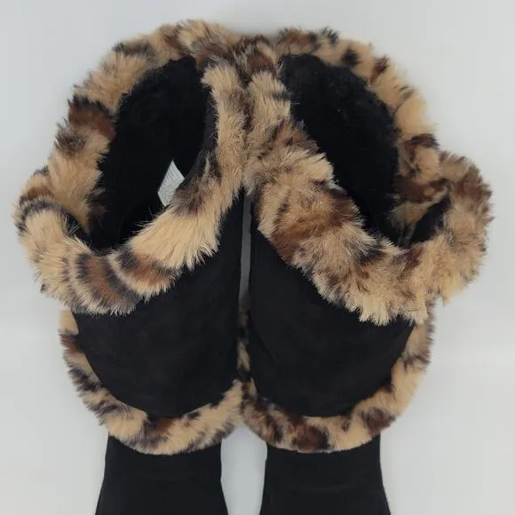 BEARPAW Sheilah Suede Plush Faux Fur Leopard Print Trimmed Tall Winter Boots 9