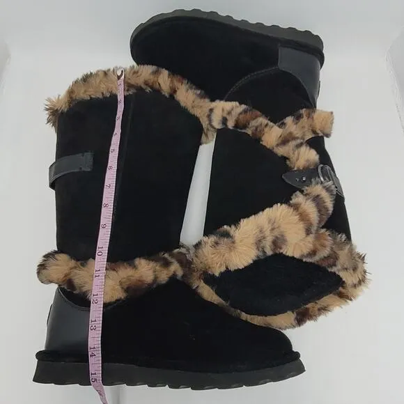 BEARPAW Sheilah Suede Plush Faux Fur Leopard Print Trimmed Tall Winter Boots 9