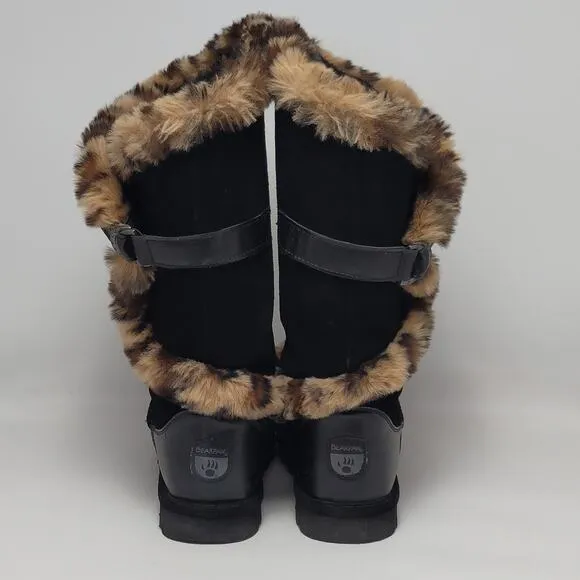 BEARPAW Sheilah Suede Plush Faux Fur Leopard Print Trimmed Tall Winter Boots 9