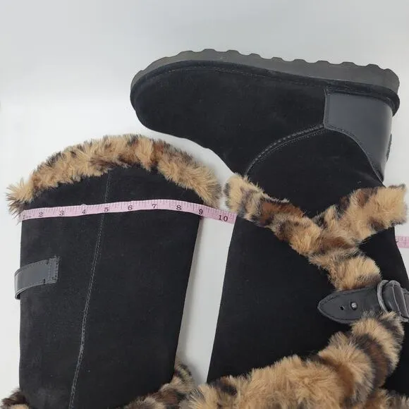 BEARPAW Sheilah Suede Plush Faux Fur Leopard Print Trimmed Tall Winter Boots 9