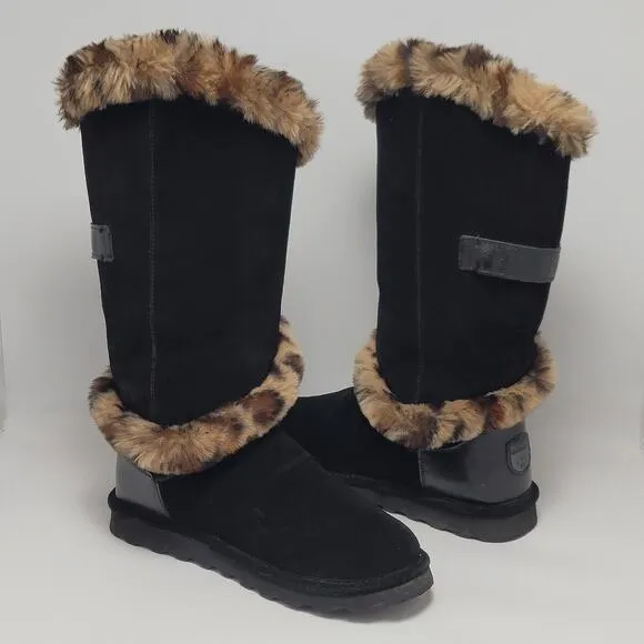 BEARPAW Sheilah Suede Plush Faux Fur Leopard Print Trimmed Tall Winter Boots 9