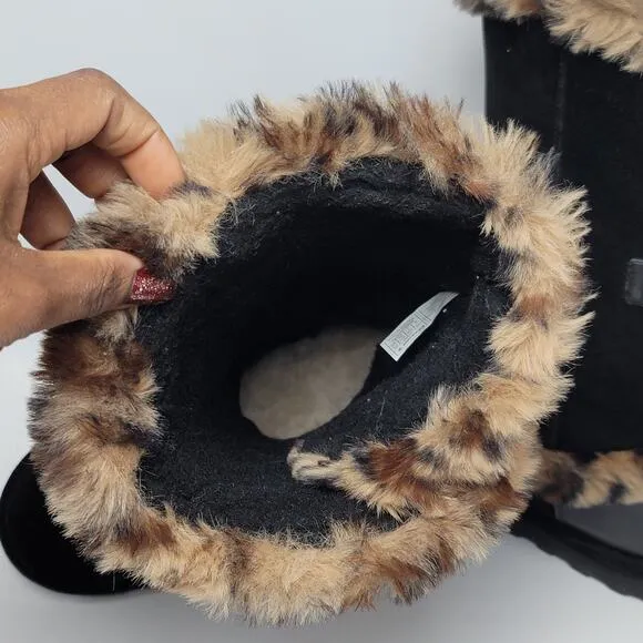 BEARPAW Sheilah Suede Plush Faux Fur Leopard Print Trimmed Tall Winter Boots 9