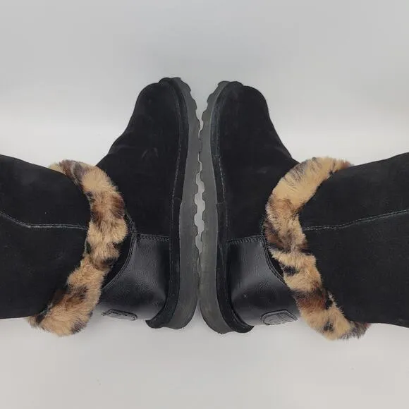 BEARPAW Sheilah Suede Plush Faux Fur Leopard Print Trimmed Tall Winter Boots 9