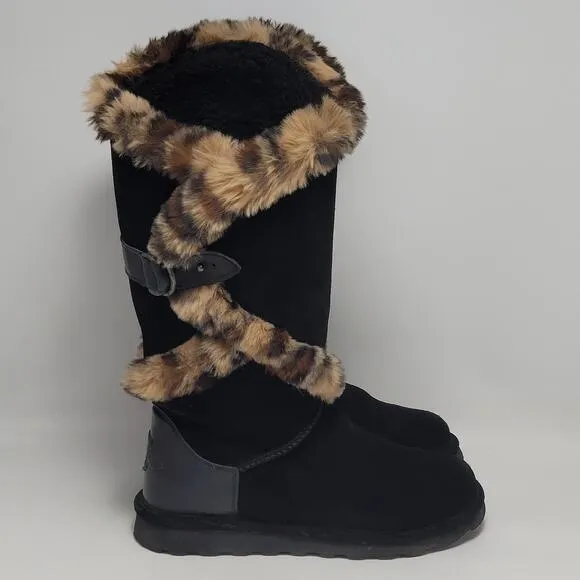 BEARPAW Sheilah Suede Plush Faux Fur Leopard Print Trimmed Tall Winter Boots 9