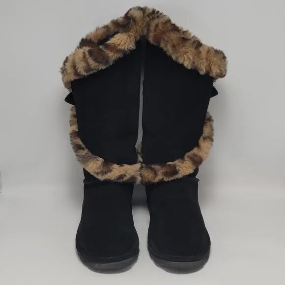 BEARPAW Sheilah Suede Plush Faux Fur Leopard Print Trimmed Tall Winter Boots 9