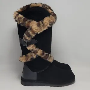BEARPAW Sheilah Suede Plush Faux Fur Leopard Print Trimmed Tall Winter Boots 9