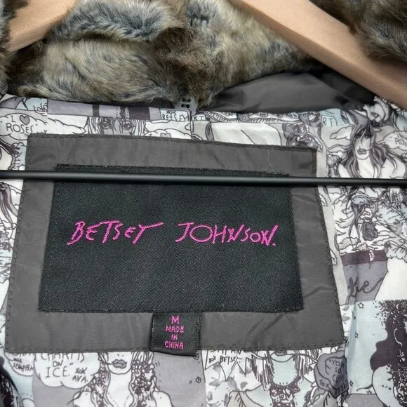 Betsey Johnson Womens Puffer Coat Jacket sz M Down Faux Fur Collar Hooded