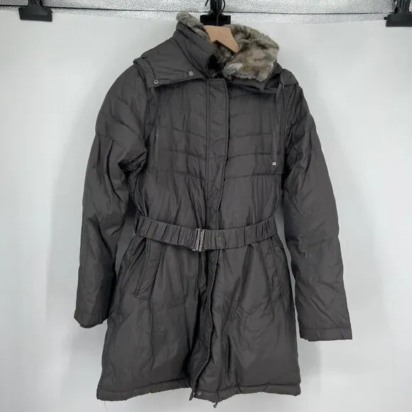 Betsey Johnson Womens Puffer Coat Jacket sz M Down Faux Fur Collar Hooded