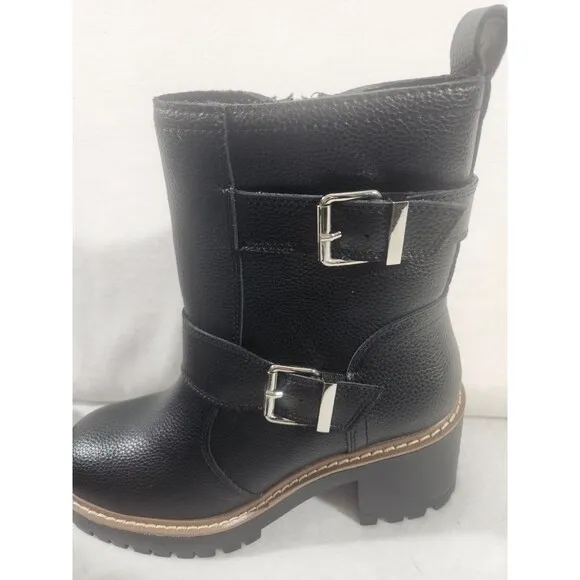 Blondo Reno chunky black waterproof buckle zip-up heel combat boots size 8