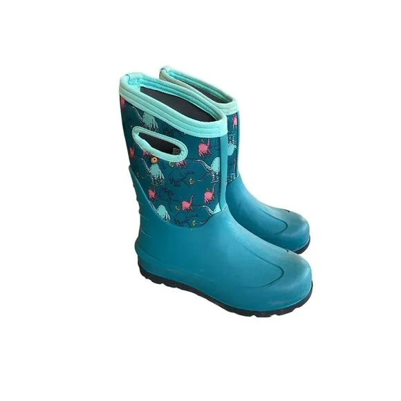 BOGS Boots Rain Winter Insulated Dinosaur Turquoise Size Youth 4
