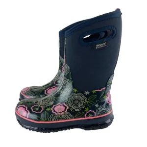 Bogs Girls Sz 3 Blue Posey Floral Pull On Insulated Waterproof Rain Snow Boots