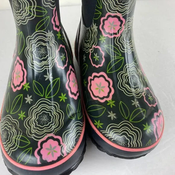 Bogs Girls Sz 3 Blue Posey Floral Pull On Insulated Waterproof Rain Snow Boots