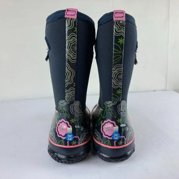Bogs Girls Sz 3 Blue Posey Floral Pull On Insulated Waterproof Rain Snow Boots