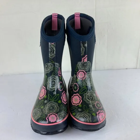 Bogs Girls Sz 3 Blue Posey Floral Pull On Insulated Waterproof Rain Snow Boots