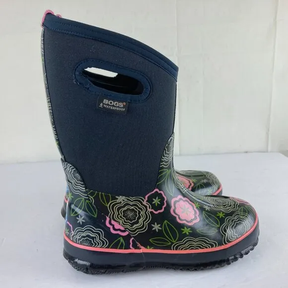Bogs Girls Sz 3 Blue Posey Floral Pull On Insulated Waterproof Rain Snow Boots