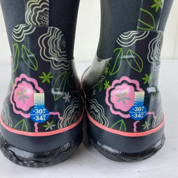 Bogs Girls Sz 3 Blue Posey Floral Pull On Insulated Waterproof Rain Snow Boots