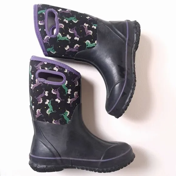 Bogs Kids Classic -30 Degree Insulated Unicorn Black Waterproof Boots Youth 5 38