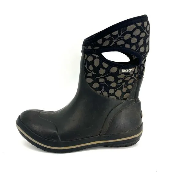 Bogs Women's Gray Leaves Plimsoll Mid Insulated Waterproof Winter Rain Boots (8)